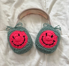 Load image into Gallery viewer, Pink and Green Crochet Smiley Face Headphone Cover
