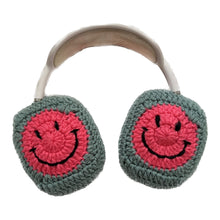Load image into Gallery viewer, Pink and Green Crochet Smiley Face Headphone Cover
